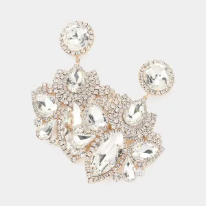 Multi Clear Stone Rhinestone Embellished Chandelier Pageant Earrings on Gold  | Prom Earrings |614940