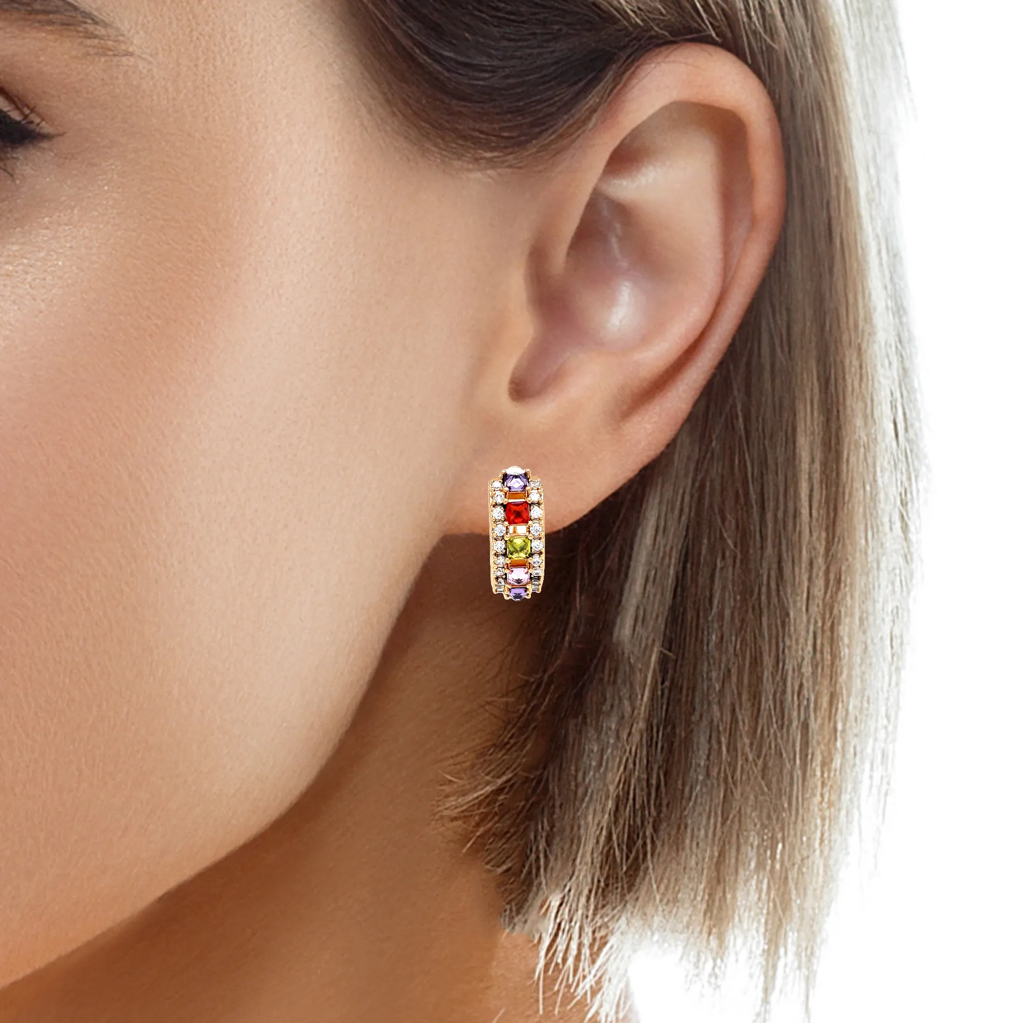 Multi color Gemstone Zirconia Huggies Earrings rose gold filled