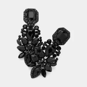 Multi Jet Black Stone Cluster Chandelier Clip on Pageant Earrings  | Prom Earrings |  624309