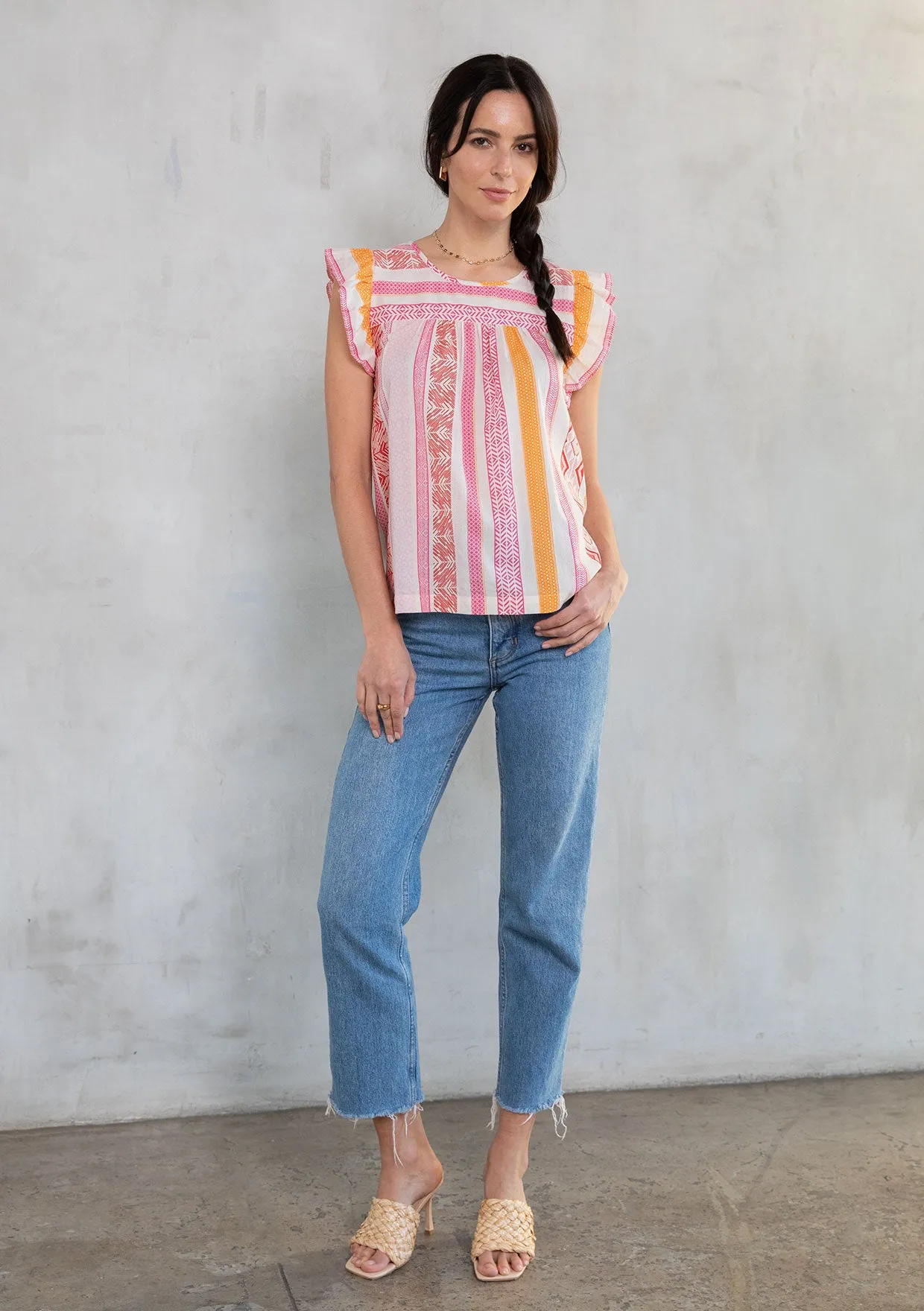 Multi Pattern Ruffled Cap Sleeve Top