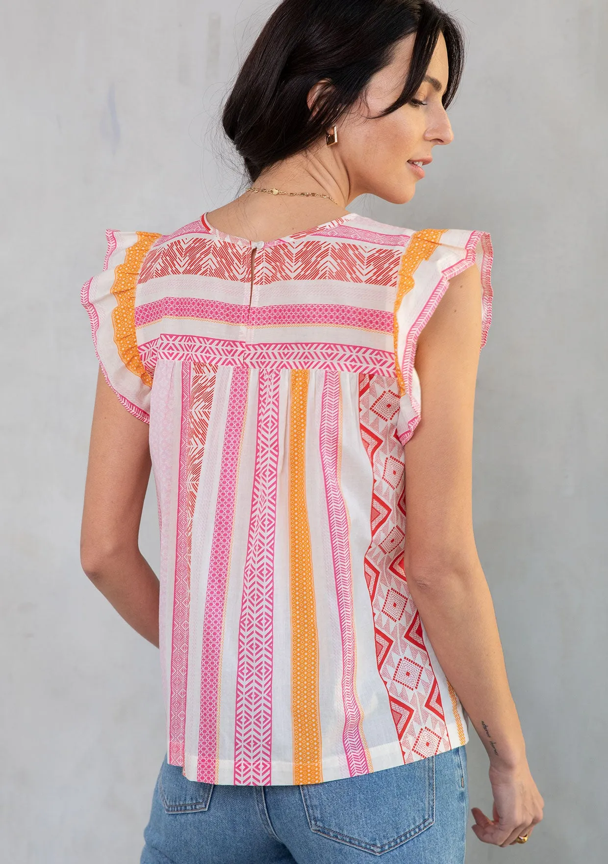 Multi Pattern Ruffled Cap Sleeve Top