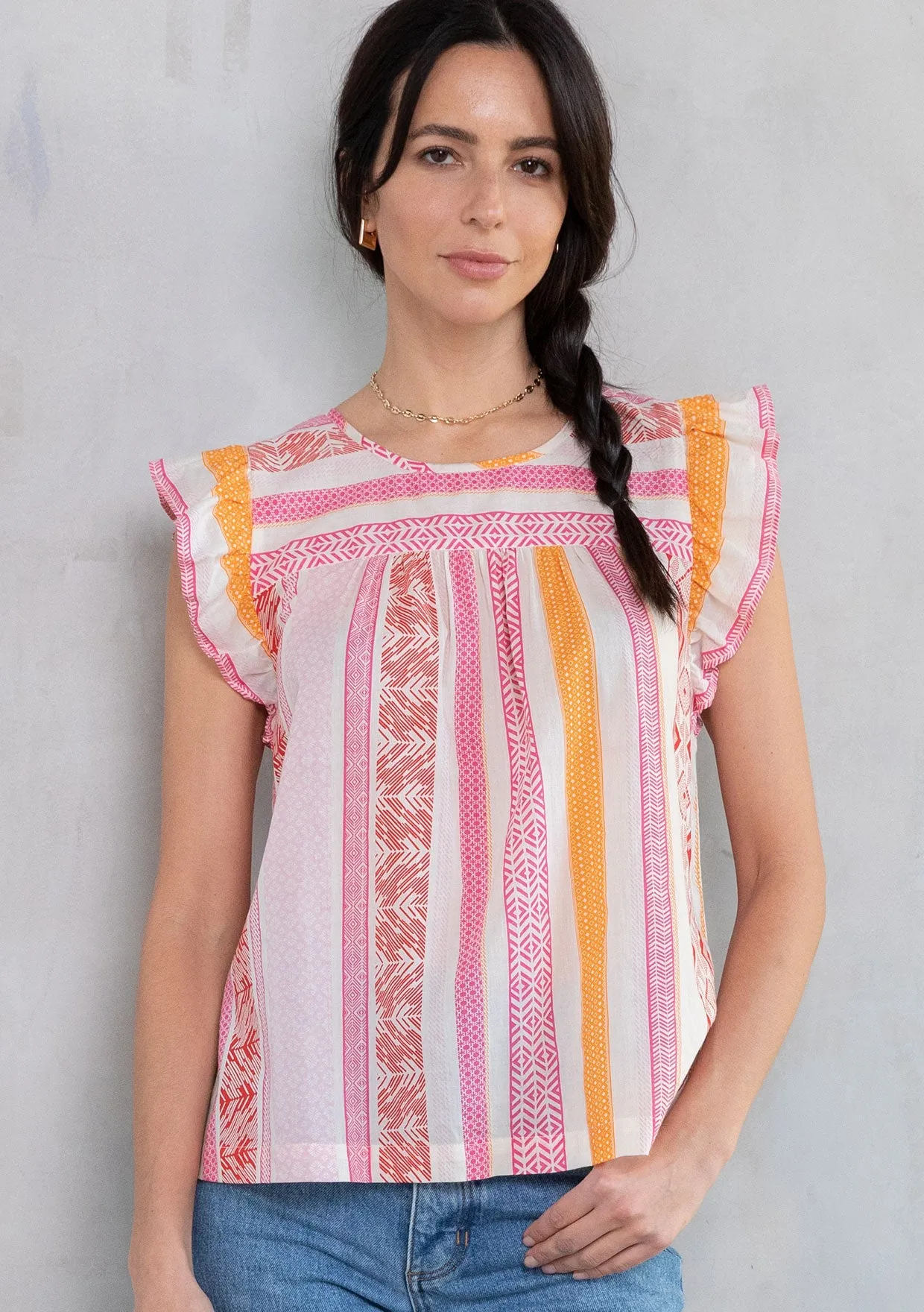 Multi Pattern Ruffled Cap Sleeve Top