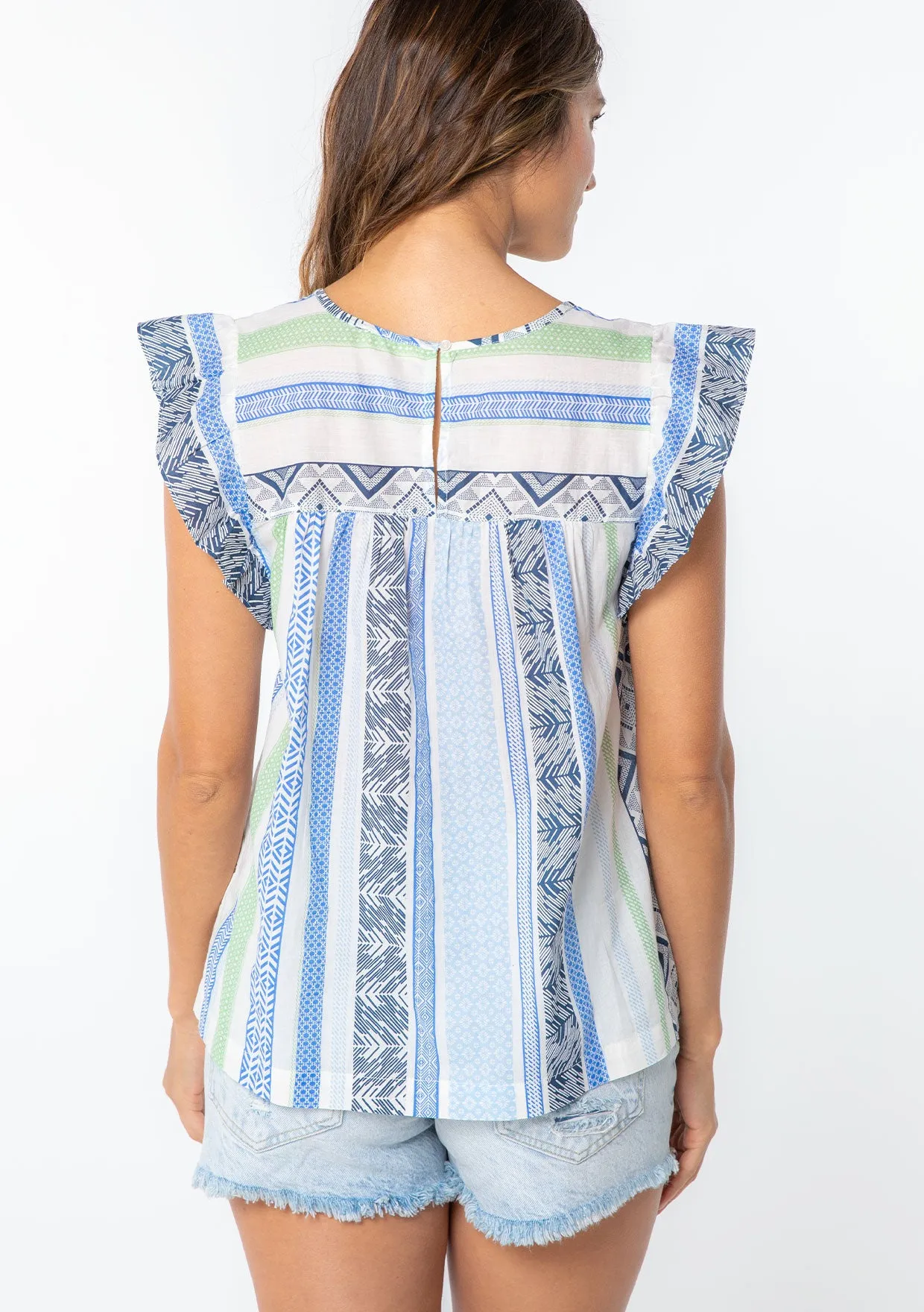 Multi Pattern Ruffled Cap Sleeve Top