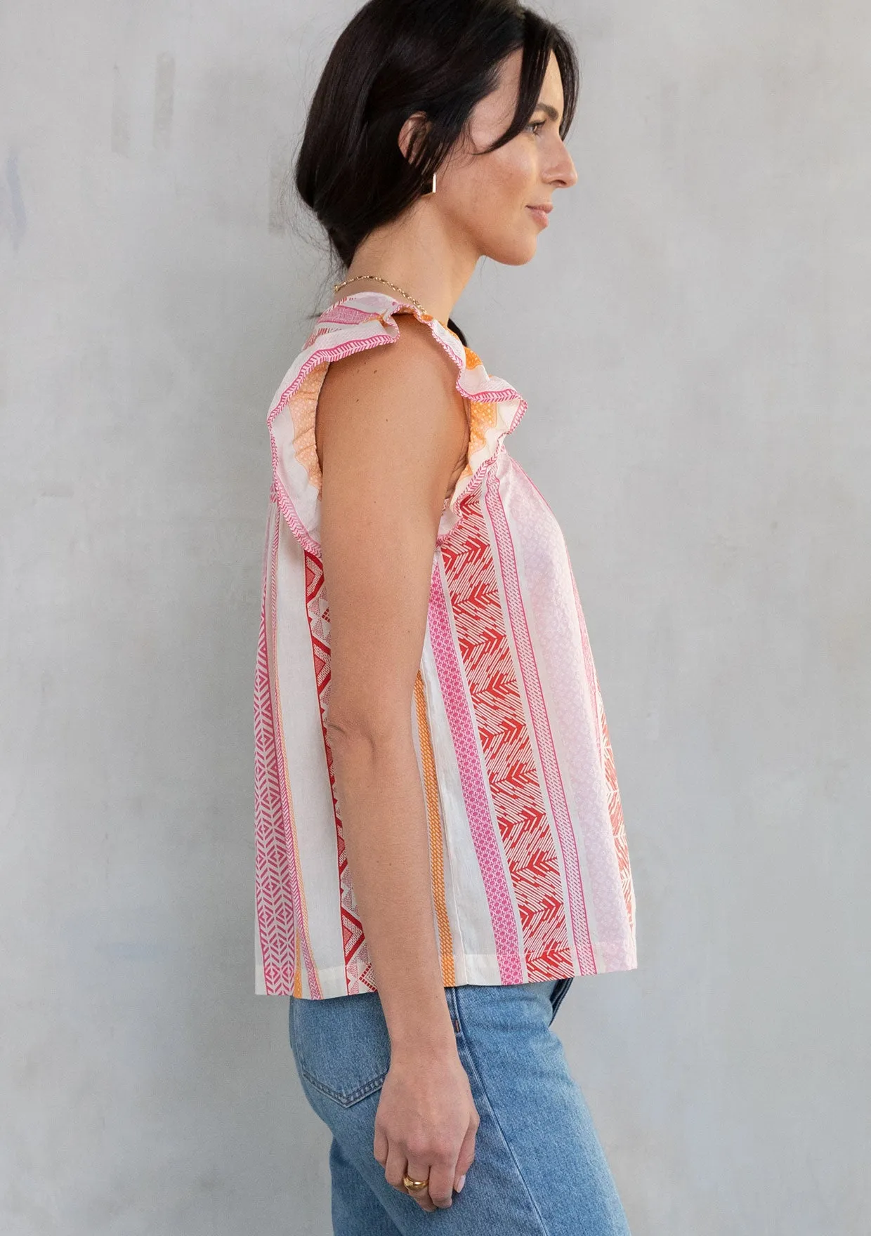 Multi Pattern Ruffled Cap Sleeve Top