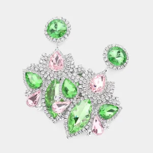 Multi Pink & Green Stone Rhinestone Embellished Chandelier Pageant Earrings   | Prom Earrings |614942