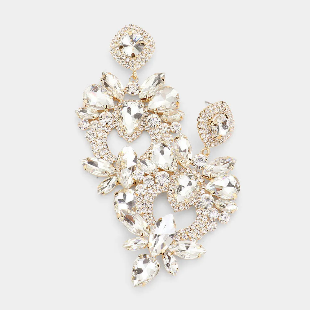 Multi Shape Clear  Stone Statement Chandelier Pageant Earrings on Gold | 530339