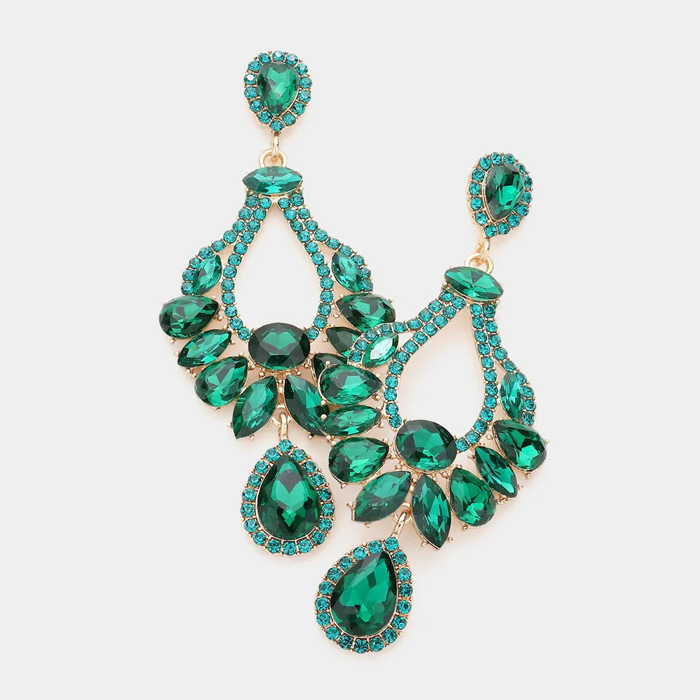 Multi Stone Emerald Crystal Chandelier Pageant Earrings  | Prom Earrings | 589416