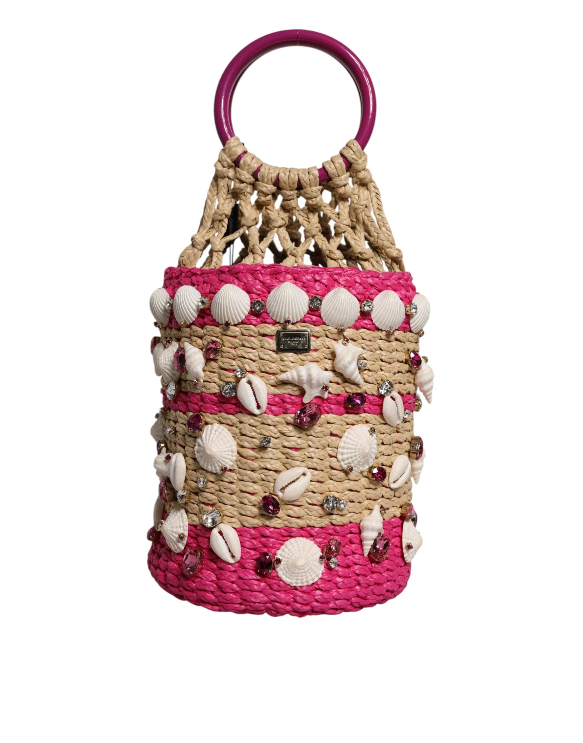 Multicolor Bucket Raffia Seashells Crystals Handbag Bag