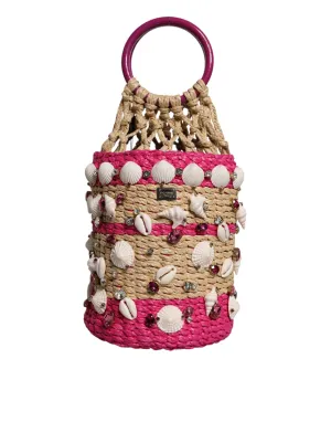 Multicolor Bucket Raffia Seashells Crystals Handbag Bag
