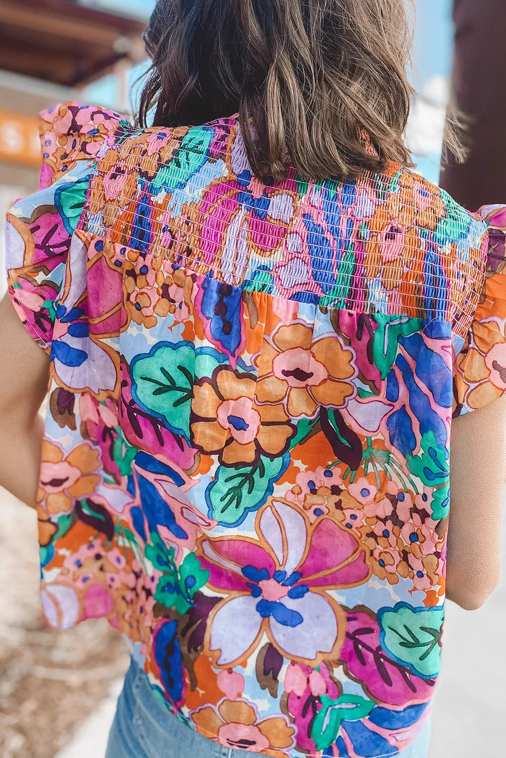 Multicolor Floral Print Flutter Sleeves Smocked Neck Blouse
