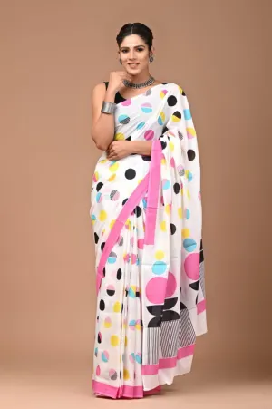 Multicolor Fun Polka Hand Block Print MulMul Cotton Saree