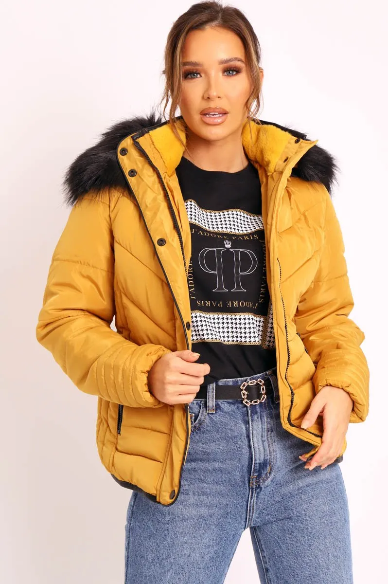 Mustard Fur Trim Quilted Puffer Coat - Lania