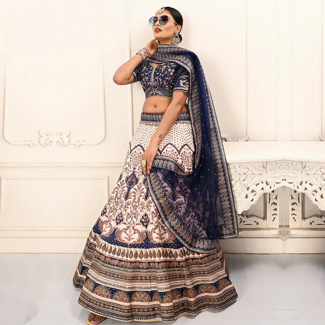 Navy Blue and Off-white Lehenga Set