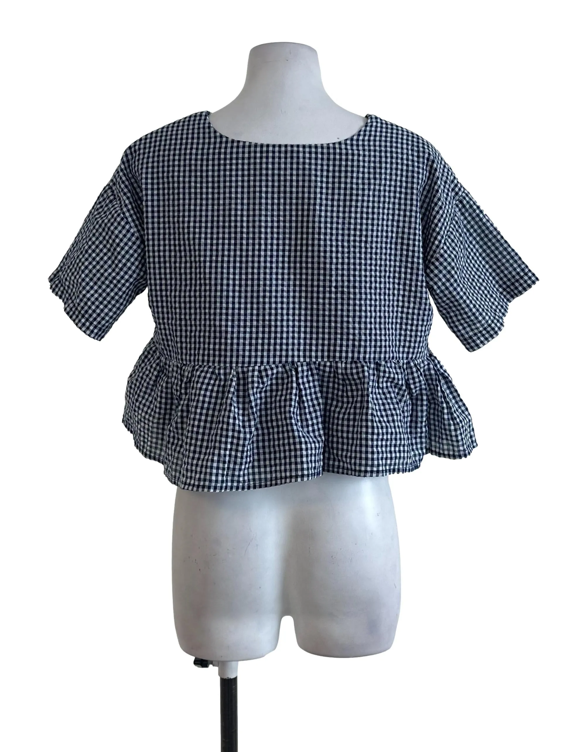 Navy Blue Plaid Peplum Top
