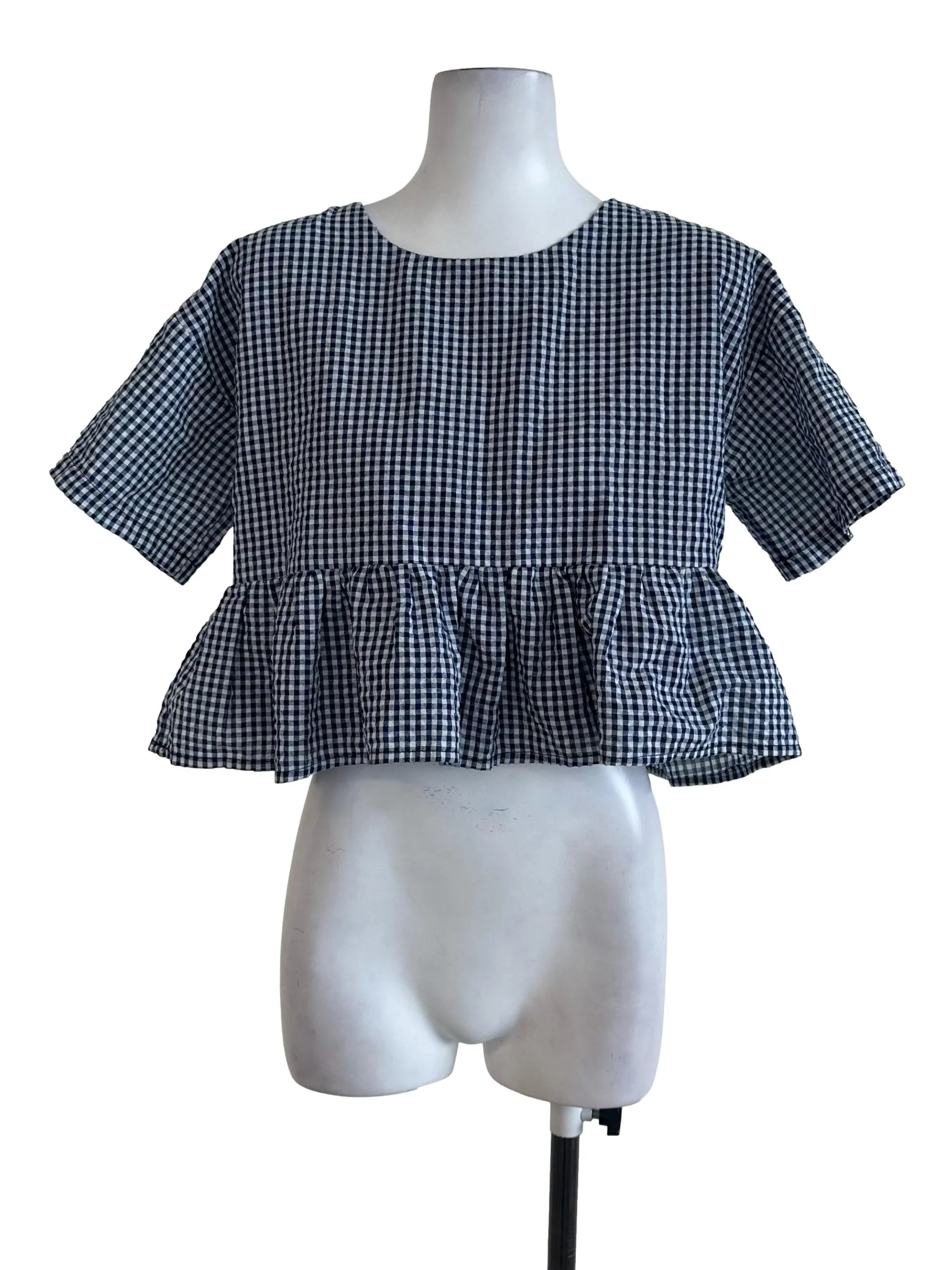 Navy Blue Plaid Peplum Top