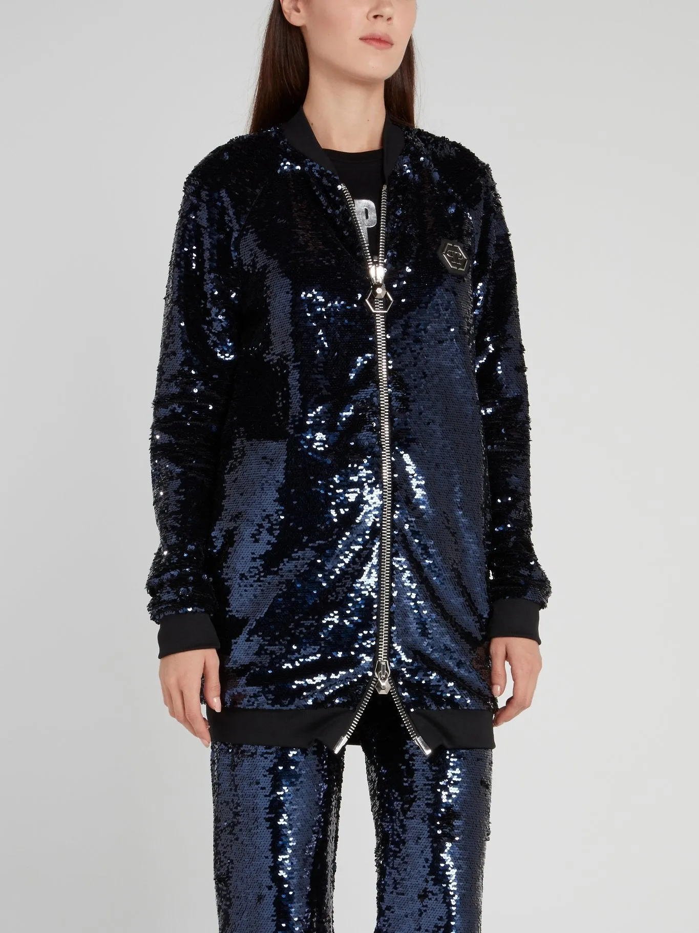 Navy Zip Up Sequin Jacket
