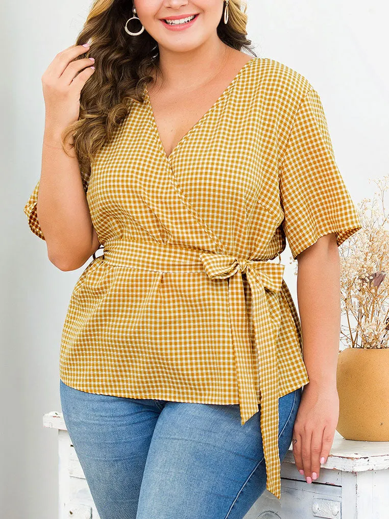New Cross Deep V-belt Waist Short-sleeved Plaid Large Size Women's Shirt