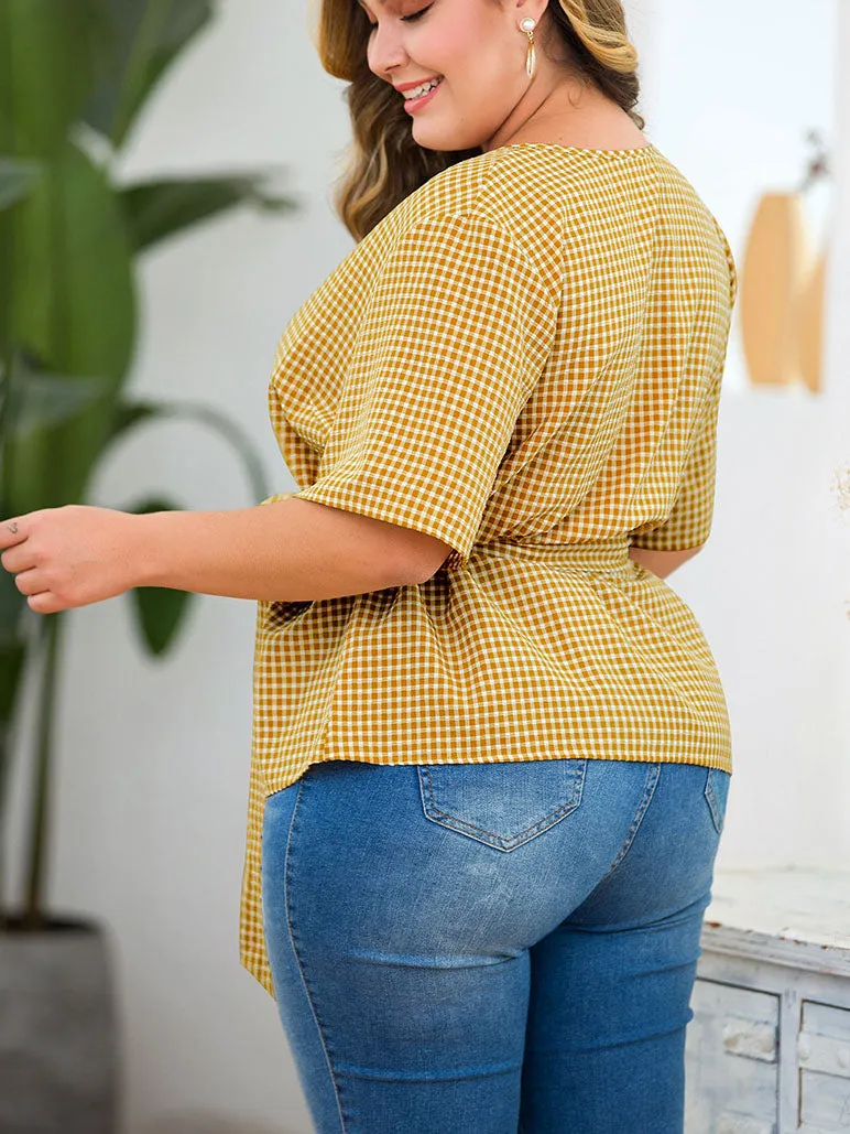 New Cross Deep V-belt Waist Short-sleeved Plaid Large Size Women's Shirt