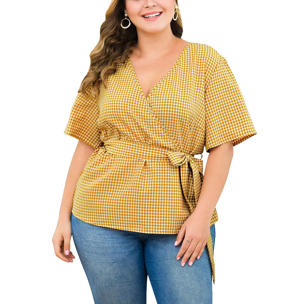 New Cross Deep V-belt Waist Short-sleeved Plaid Large Size Women's Shirt