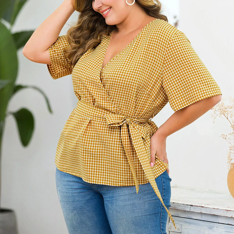 New Cross Deep V-belt Waist Short-sleeved Plaid Large Size Women's Shirt