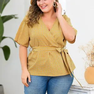 New Cross Deep V-belt Waist Short-sleeved Plaid Large Size Women's Shirt