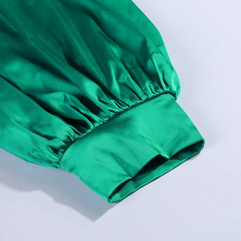 New Lantern Sleeve Dress V-neck Waist Satin Dress