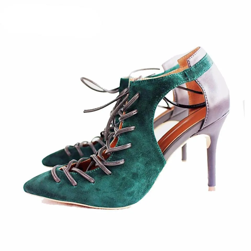 New Sexy Designer Cut out Lace up Sandals Women Pointed toe Hollow Summer High Heels Women Pumps gladiator sandals women