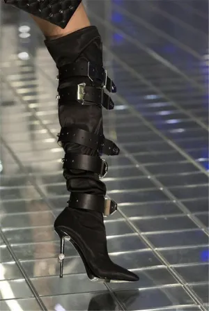 New Stylish Rhinestone Buckles Pointed Toe Over Knee Boots
