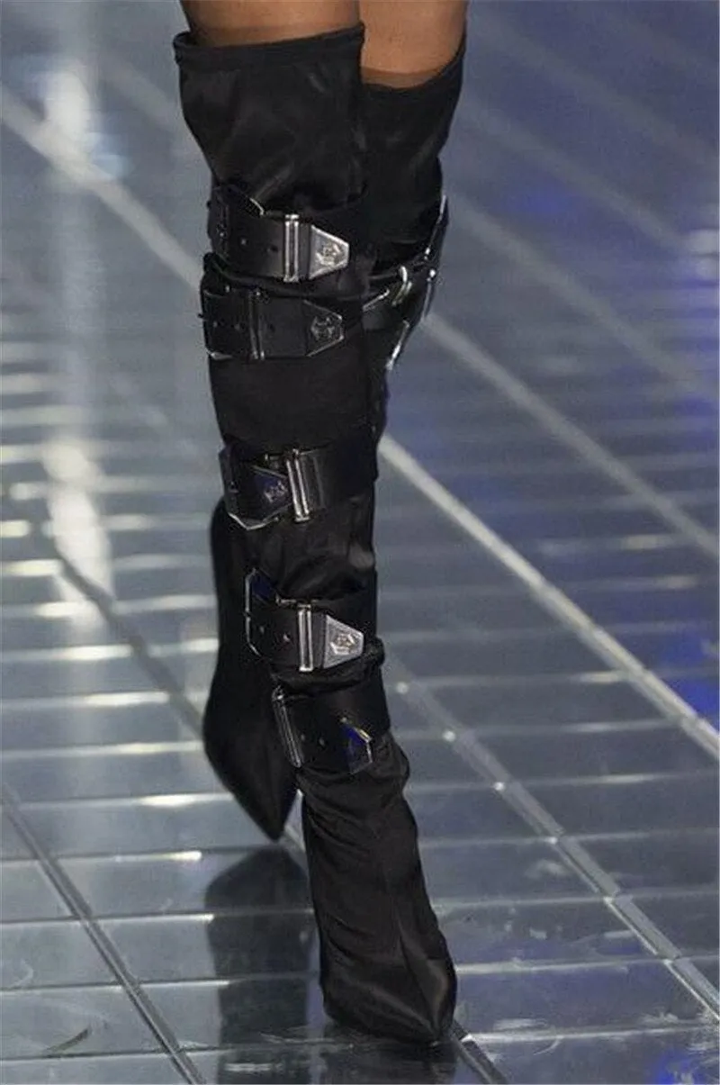 New Stylish Rhinestone Buckles Pointed Toe Over Knee Boots