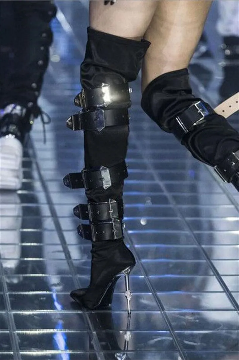 New Stylish Rhinestone Buckles Pointed Toe Over Knee Boots