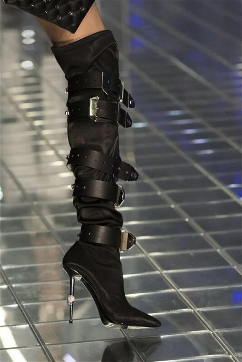 New Stylish Rhinestone Buckles Pointed Toe Over Knee Boots