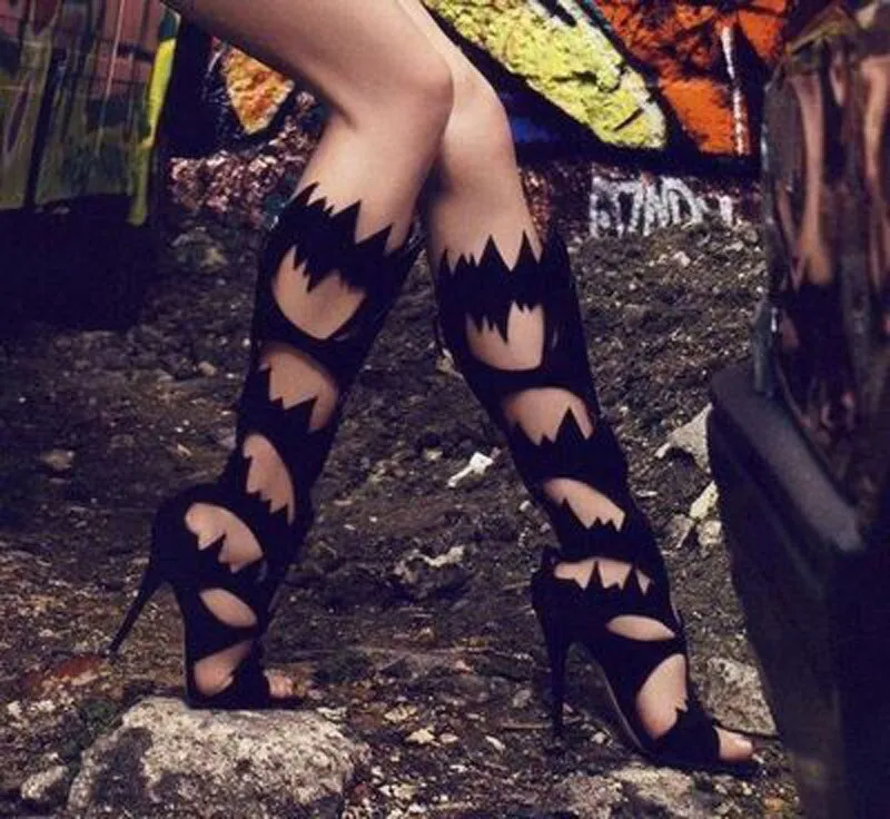 New Summer Sexy Ladies Flame Shape Cut out Knee High Boots Stiletto high  Heels Shoes Women Peep toe Gladiator Sandals Boots