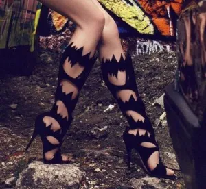 New Summer Sexy Ladies Flame Shape Cut out Knee High Boots Stiletto high  Heels Shoes Women Peep toe Gladiator Sandals Boots