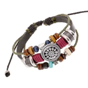 New Vintage Retro Leather Bracelet Personality Sunflower Wooden Bead Bracelet & Bangle For Women Unisex Men Jewelry Black