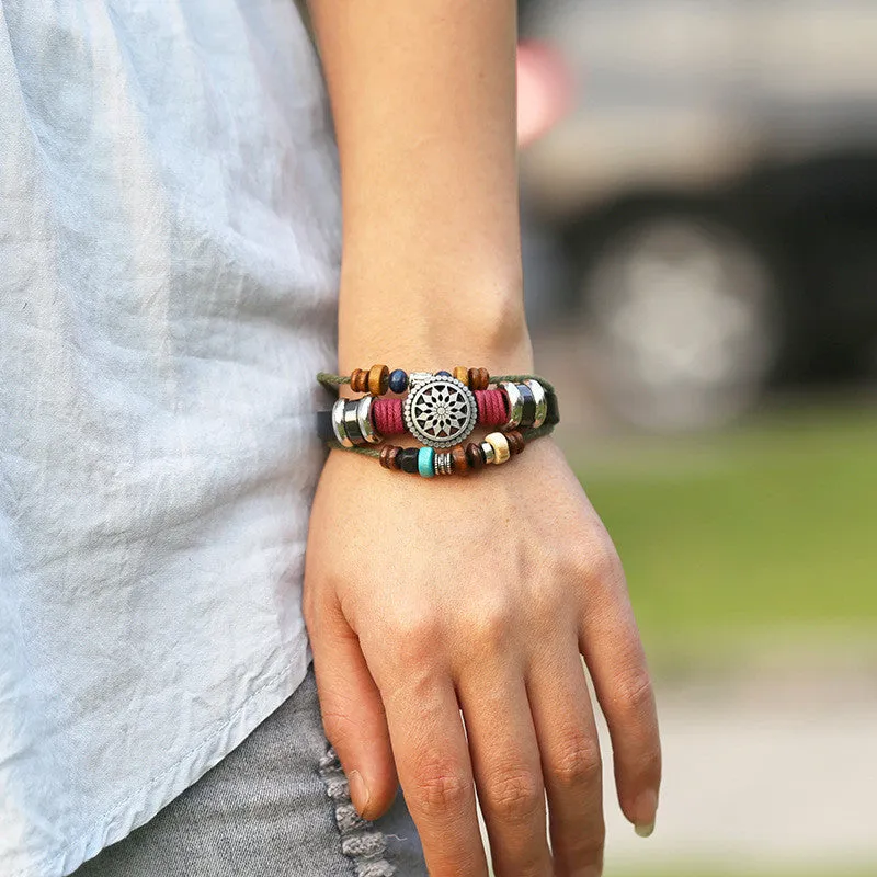 New Vintage Retro Leather Bracelet Personality Sunflower Wooden Bead Bracelet & Bangle For Women Unisex Men Jewelry Black