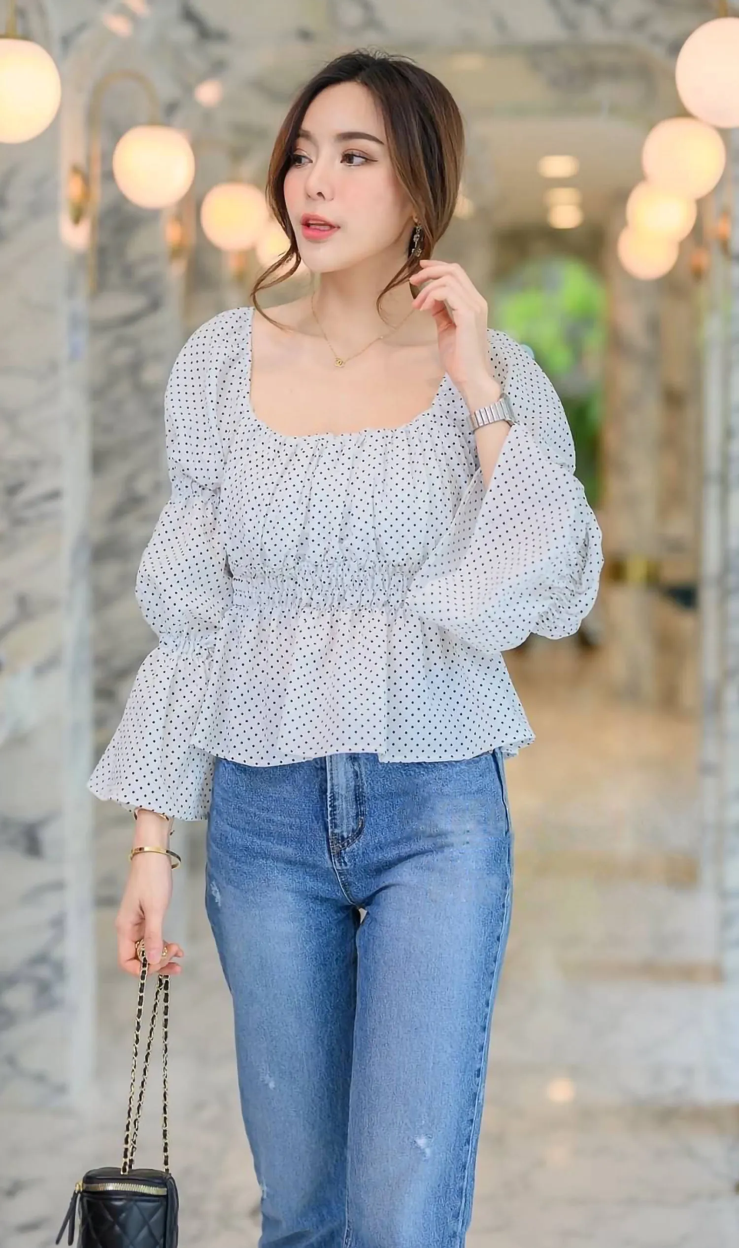 NIKKO Tiered-Sleeve Dotted 2-Way Top (White)