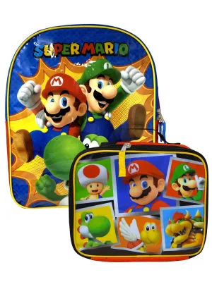 Nintendo Super Mario Bros Backpack & Insulated Lunch Bag Set Boys Luigi Yoshi