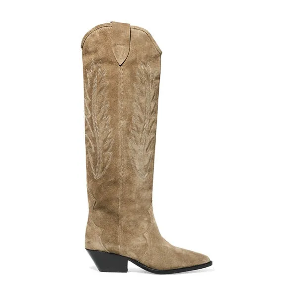 Nude Black Suede Embroidered Knee high Boots Women Pointy Toe Spike Kitten heels Winter Long Boots Flats Knight Boots