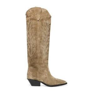 Nude Black Suede Embroidered Knee high Boots Women Pointy Toe Spike Kitten heels Winter Long Boots Flats Knight Boots