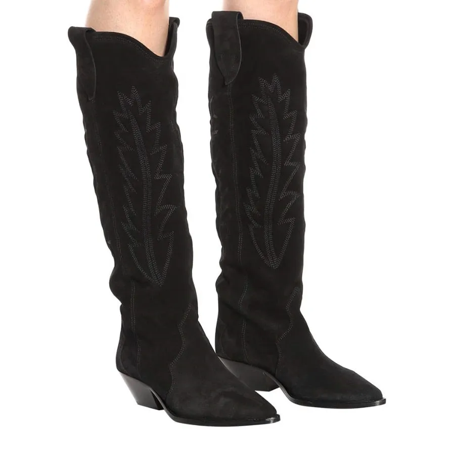 Nude Black Suede Embroidered Knee high Boots Women Pointy Toe Spike Kitten heels Winter Long Boots Flats Knight Boots