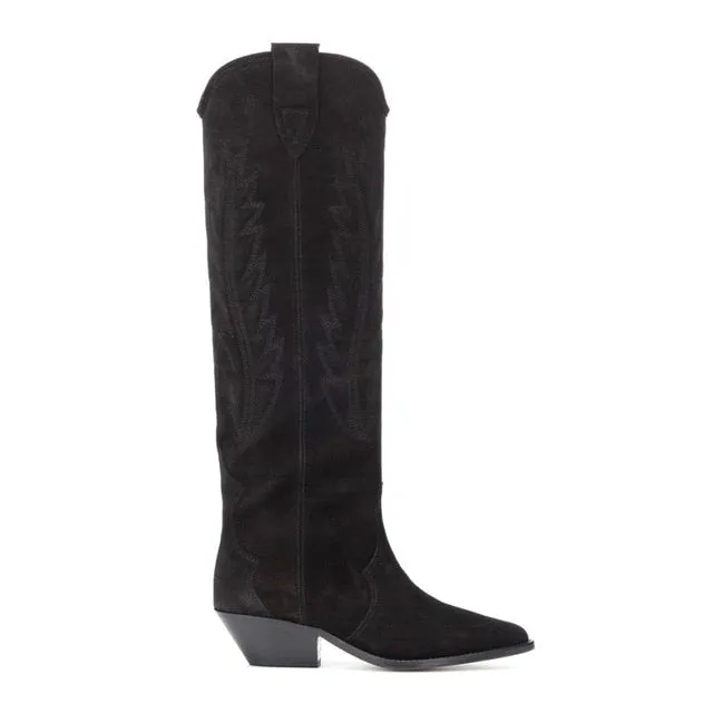 Nude Black Suede Embroidered Knee high Boots Women Pointy Toe Spike Kitten heels Winter Long Boots Flats Knight Boots