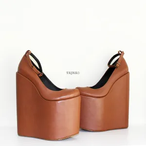 obacco Brown Ankle Strap Platform Wedges