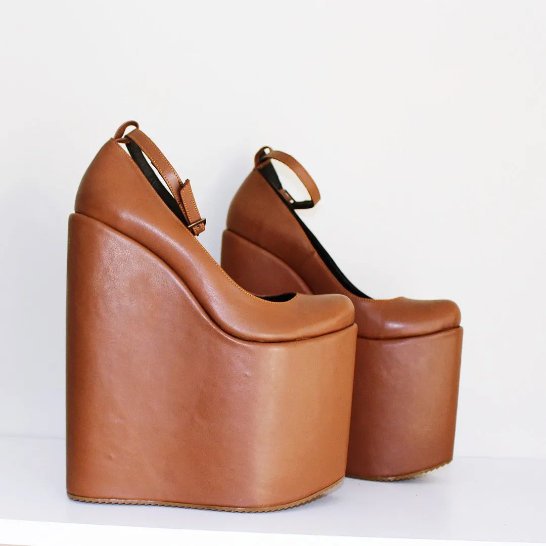 obacco Brown Ankle Strap Platform Wedges