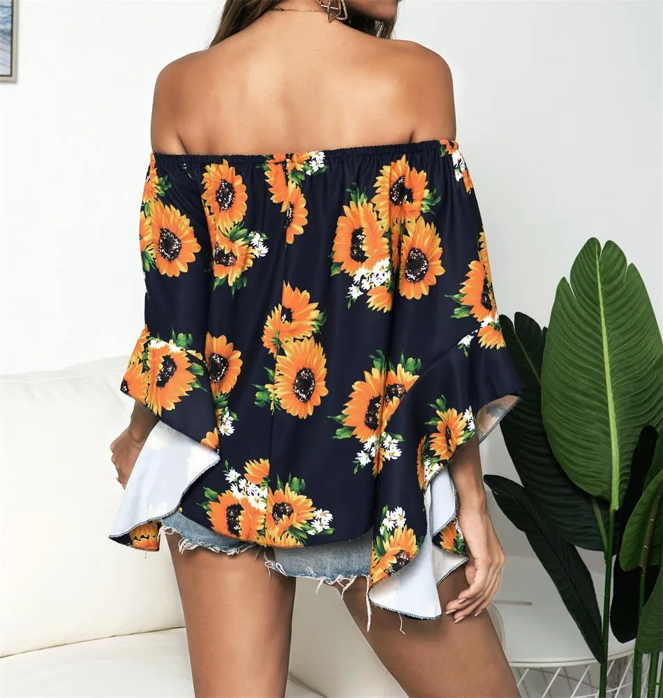 Off Shoulder Flared Sleeve Tops Sunflower Printed Blouse