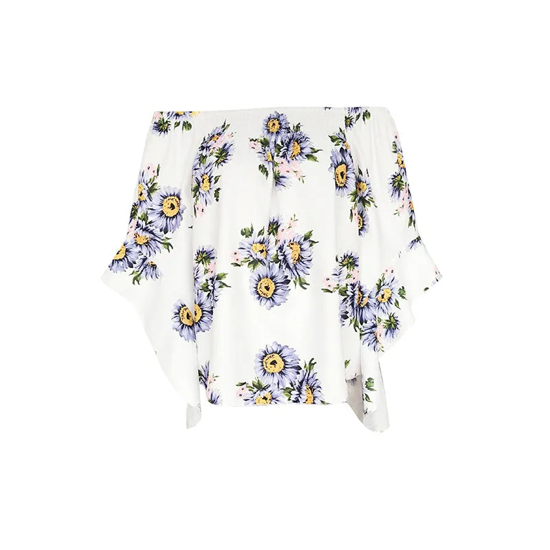 Off Shoulder Flared Sleeve Tops Sunflower Printed Blouse