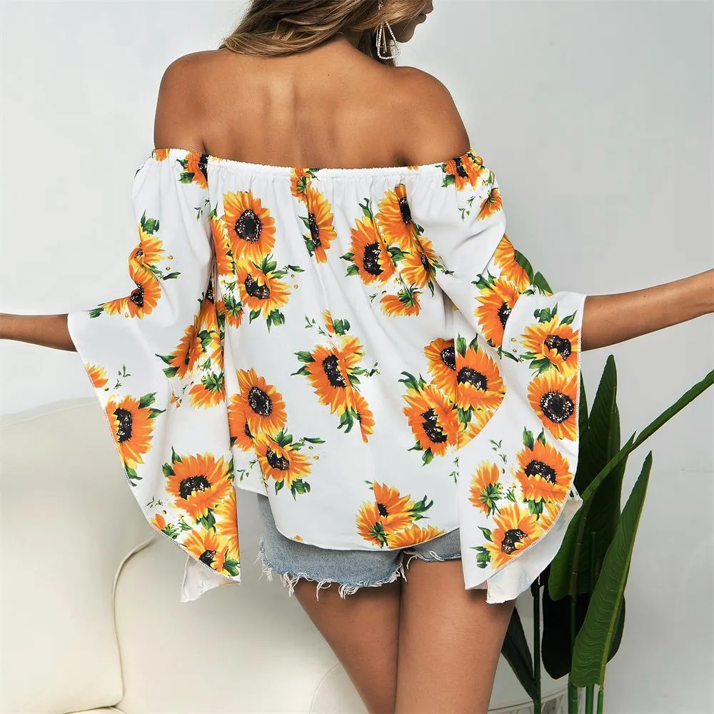 Off Shoulder Flared Sleeve Tops Sunflower Printed Blouse