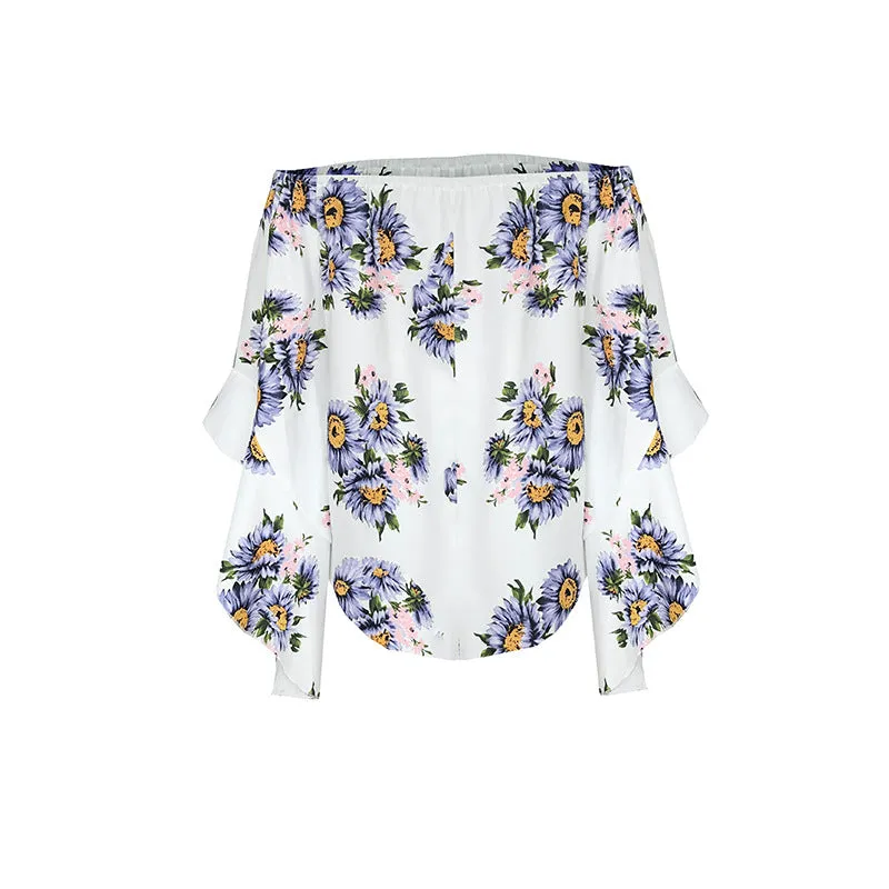 Off Shoulder Flared Sleeve Tops Sunflower Printed Blouse