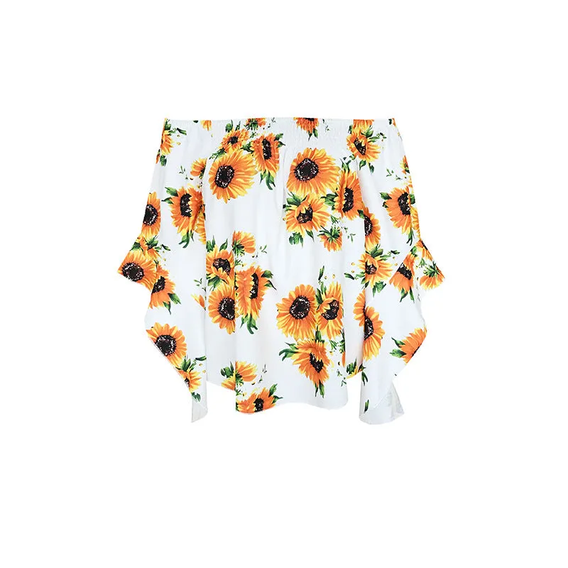 Off Shoulder Flared Sleeve Tops Sunflower Printed Blouse