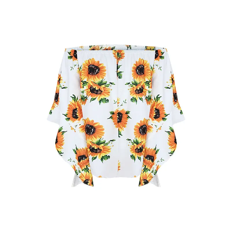 Off Shoulder Flared Sleeve Tops Sunflower Printed Blouse