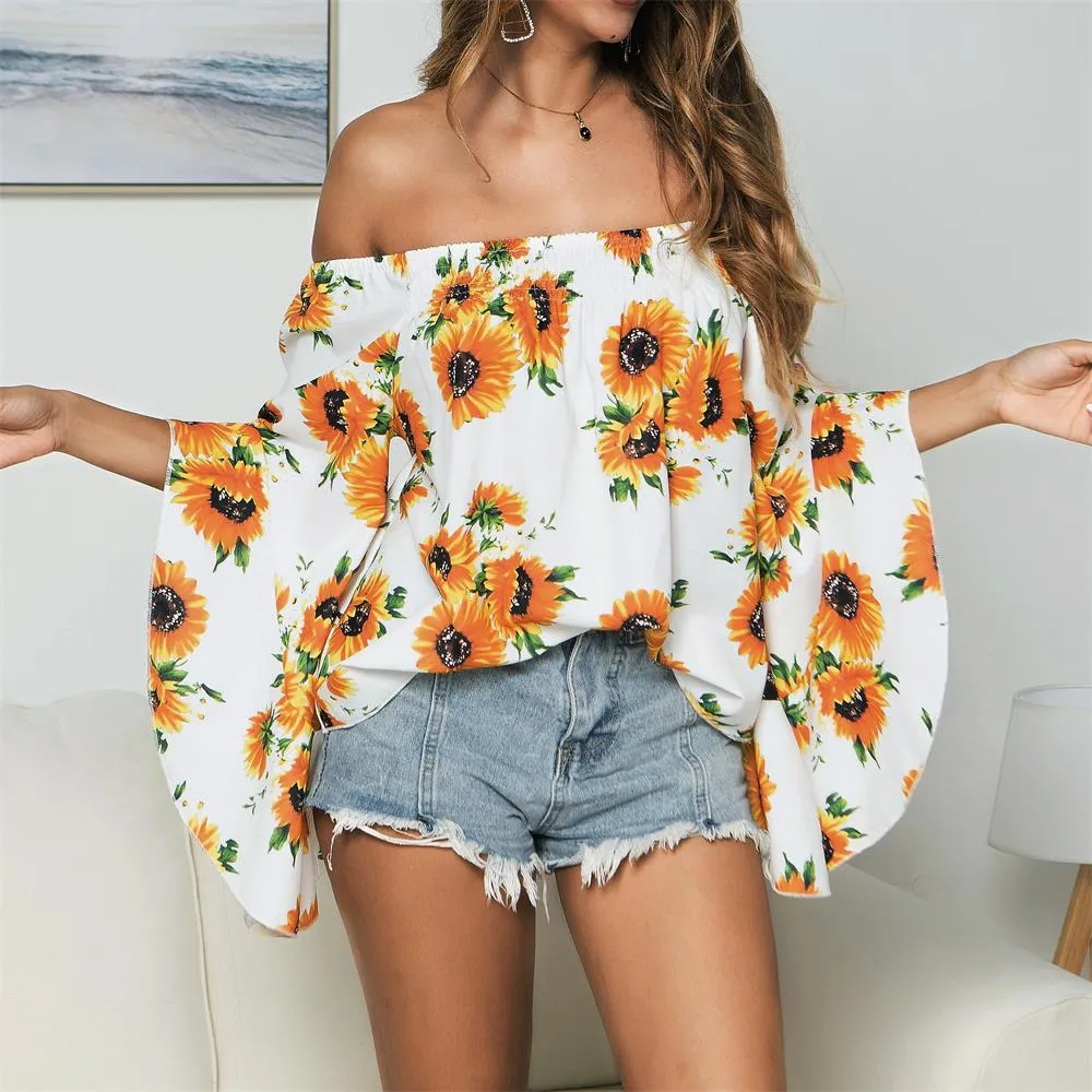 Off Shoulder Flared Sleeve Tops Sunflower Printed Blouse